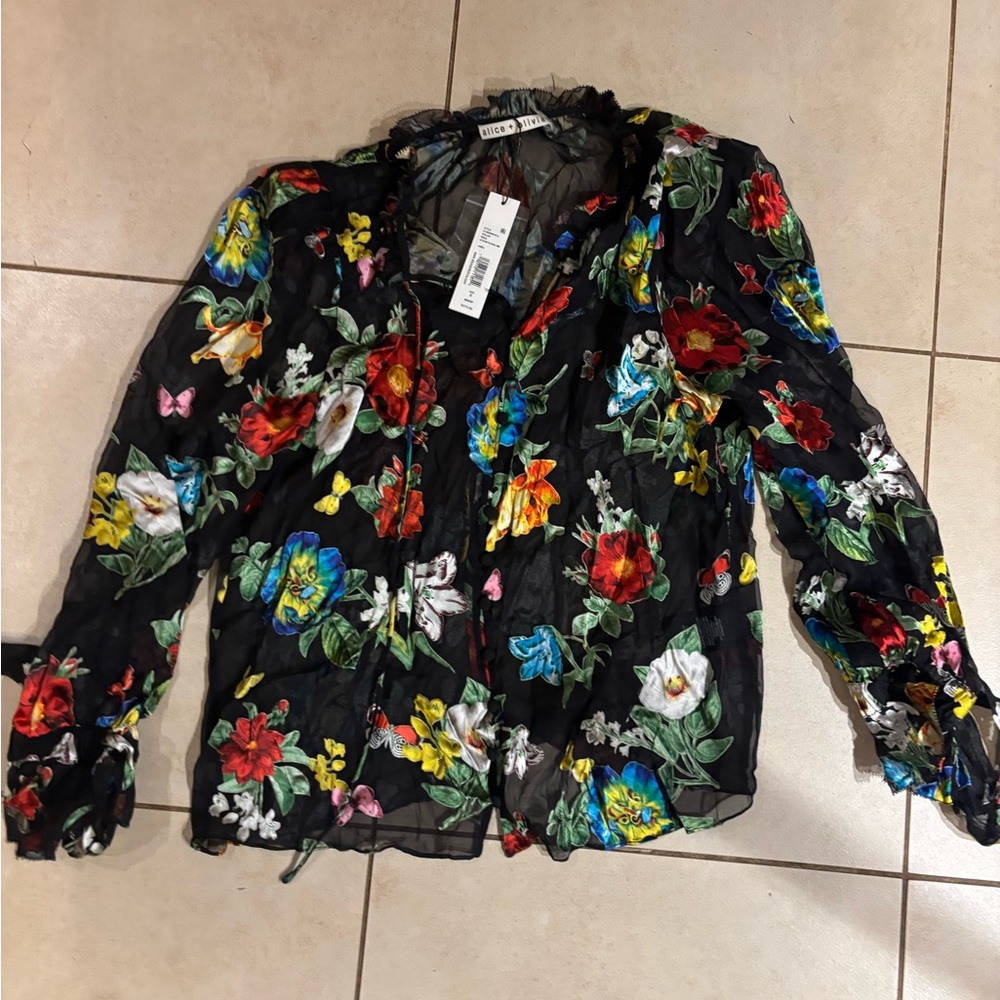 Alice and Olivia Black Floral Silk Top